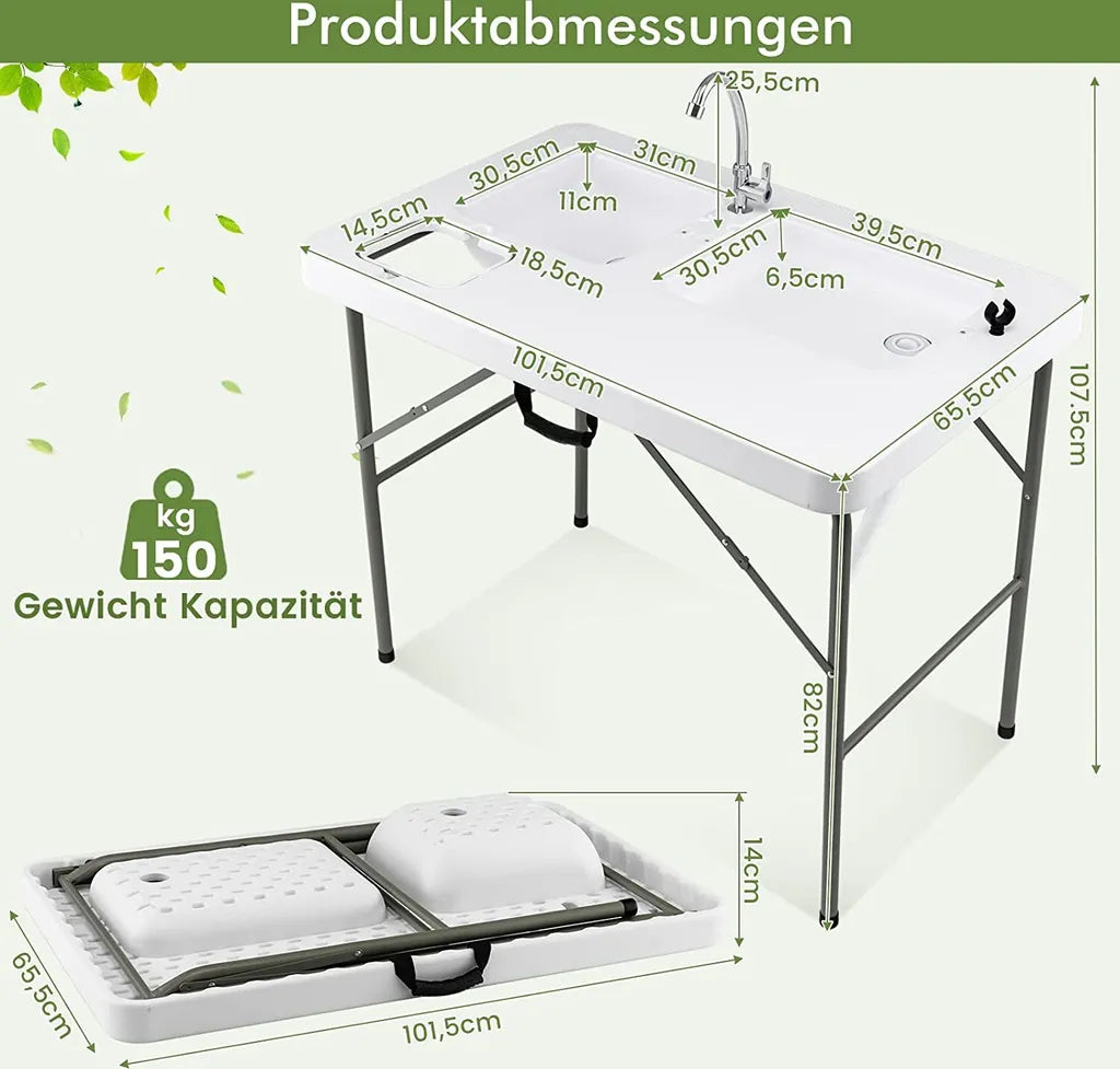 COSTWAY Fischreinigungstisch, Klappbarer Filetiertisch Mit 2 Eingebauten Spülen, Um 360° Drehbarem Wasserhahn & Messskala, Tragbarer Campingtisch Für Camping, Angeln, Grillen