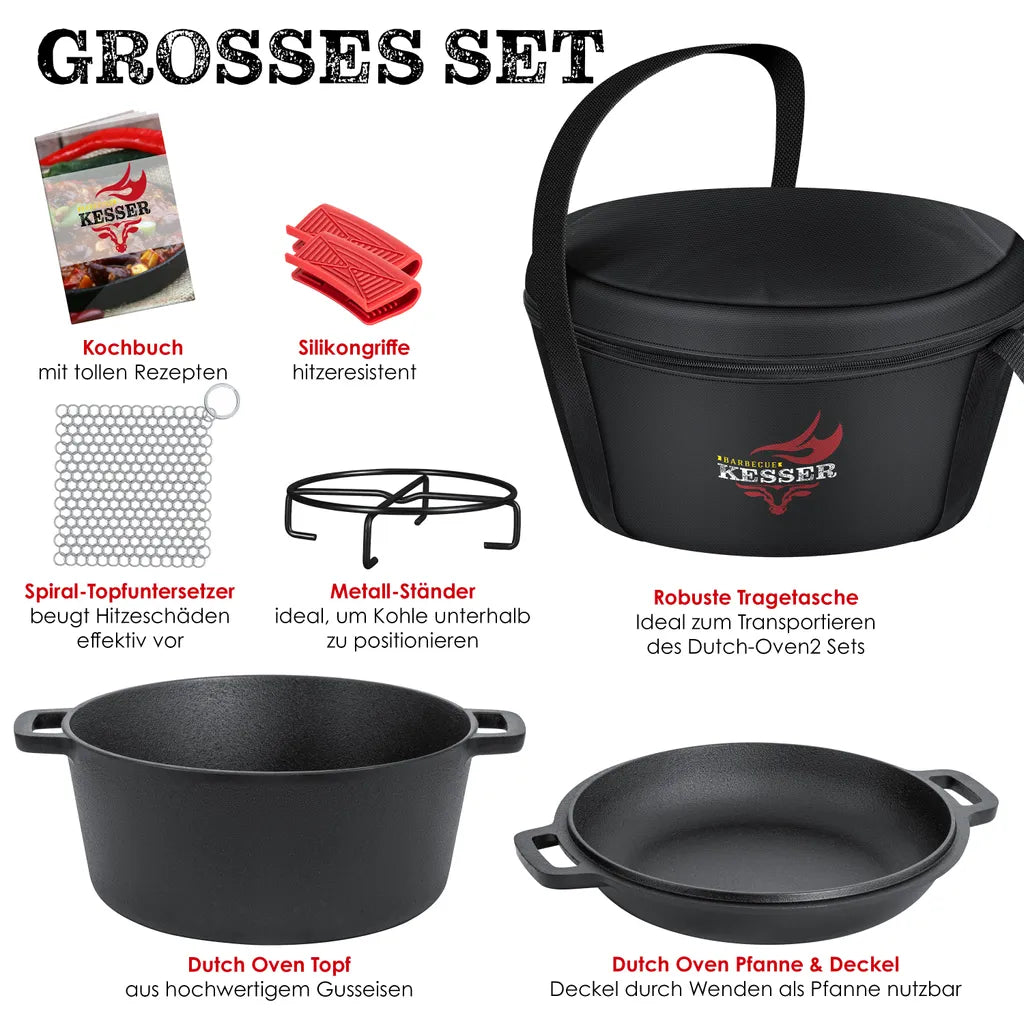 KESSER® Dutch Oven 2in1 Gusseisen Topf 4,8L Und Pfanne 1,8L Einsatzfertig Eingebrannt Inkl. Kochbuch Schmortopf Doppelfunktion Deckel/Bratpfanne Für Küche Camping Garten BBQ Backen Gasgrill, Farbe:Schwarz