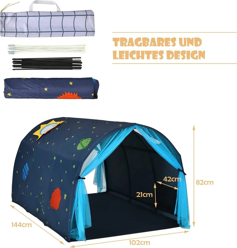 COSTWAY Prinzessin Prinzess Kinderspielhaus, Kinderzelt Mit Fenster & Tasche, Spielzelt Mit Doppeltem Vorhang, Kinderspielzelt, Kinderspielburg Für Jungen Und Märchen (Blau)