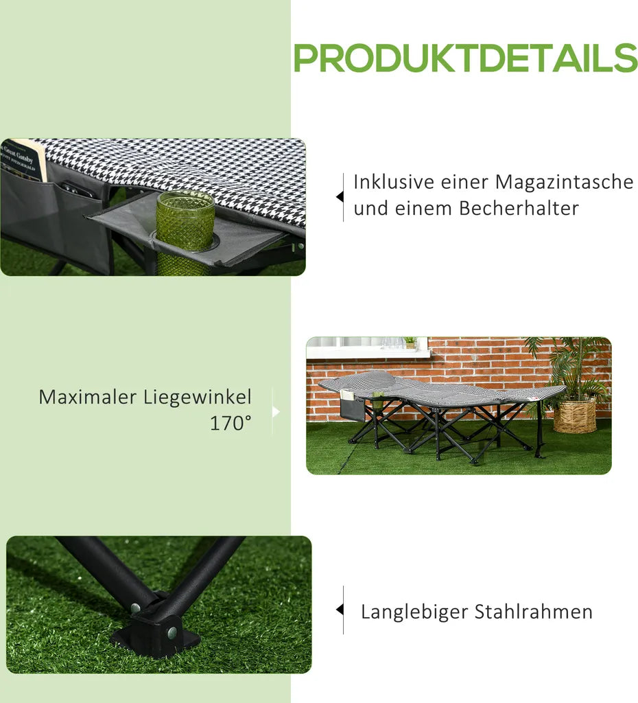 Outsunny Feldbett Campingbett, Campingliege Mit Tasche, Klappbett Mit Becherhalter, Für Schwimmbad, Balkon, Bis 120 Kg, Schwarz, 68 X 186 X 48cm