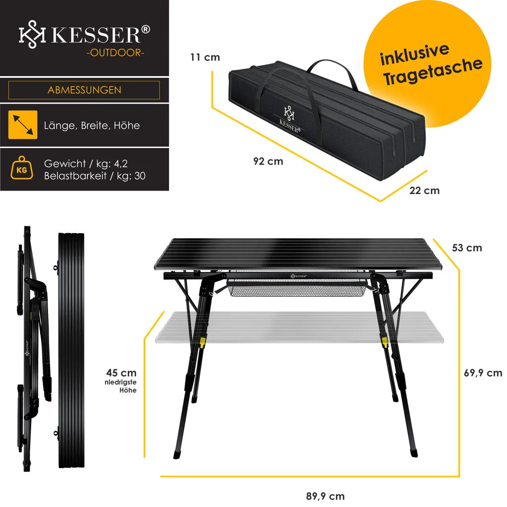KESSER® Campingtisch Faltbar Klapptisch Camping Tisch Mit Aluminiumrahmen Aufrollbare Tischplatte Falttisch Klappbar Mit Höhenverstellung Inkl. Tragetasche Mit Trageband 90 X 53cm - Bis 30 Kg, Farbe:Schwarz