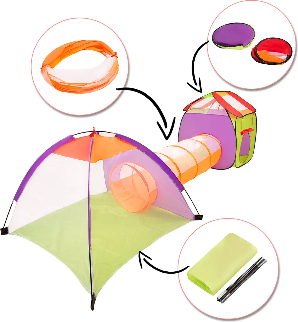 Selonis 3in1 Spielzelt Mit Tunnel Spielplatz Popup Bällebad Mit 900 Bälle Für Kinder, Mehrfarbig:weiß/gelb/orange/babyblau/türkis