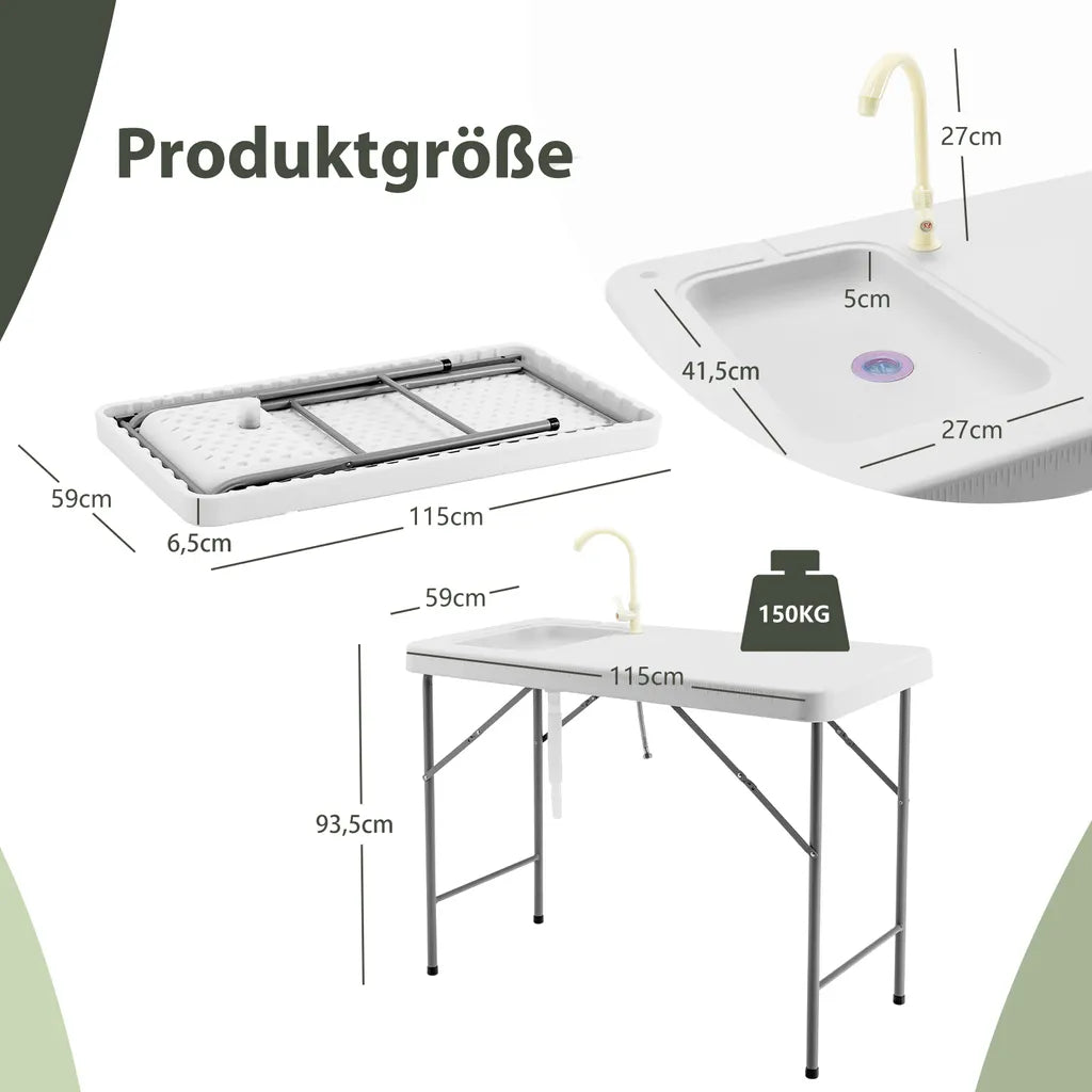 COSTWAY Tragbarer Fischreinigungstisch, Klappbarer Campingtisch Mit Spüle, Wasserhahn, Filetiertisch Outdoorspüle Für Garten, Camping, Angeln