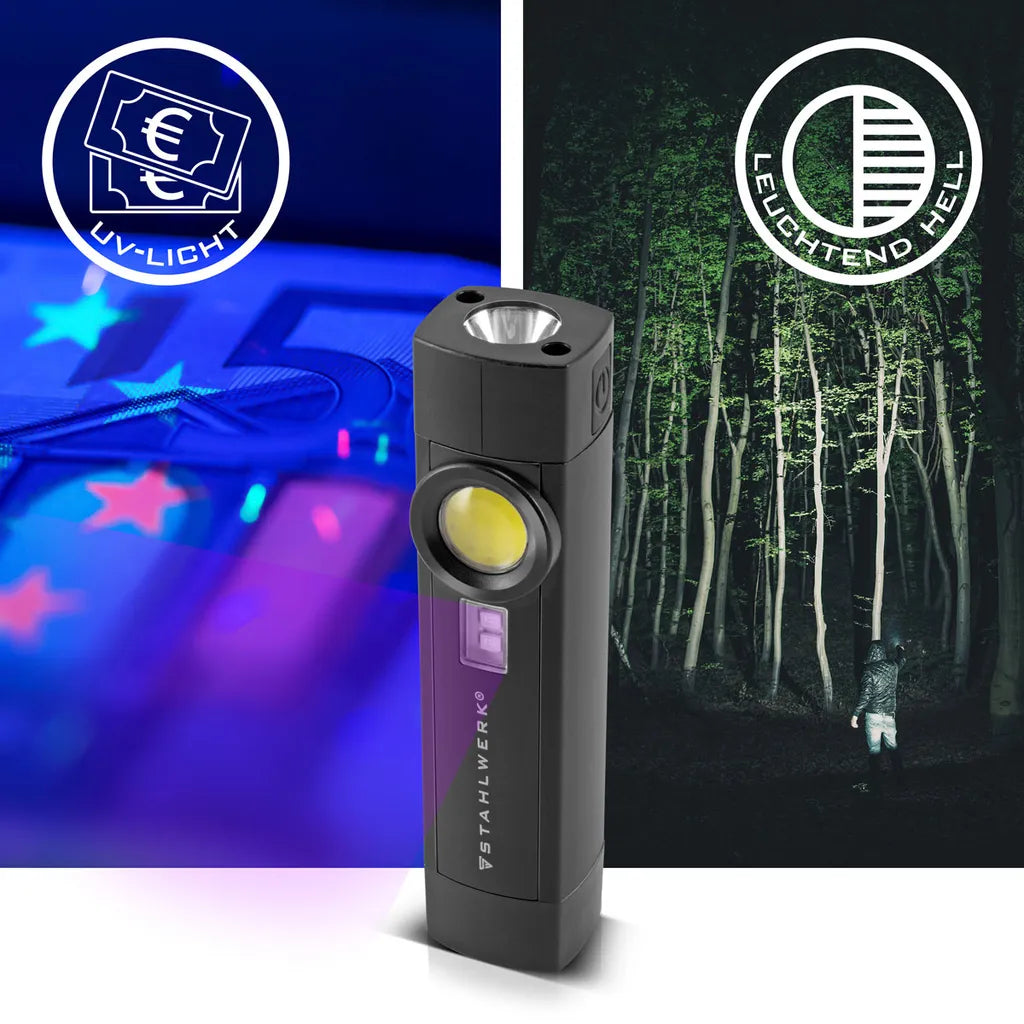 STAHLWERK LED Arbeitsleuchte 5 W Taschenlampe Werkstattlampe Mit 4 Leucht-Modi UV-Licht Akku USB