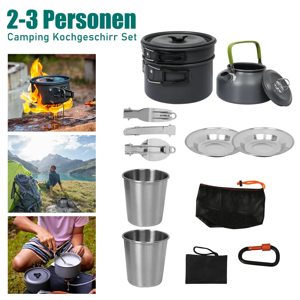 Wolketon 12x Camping Kochgeschirr Reisebesteck 2-3Person Kochtopf Kochset Essgeschirrset