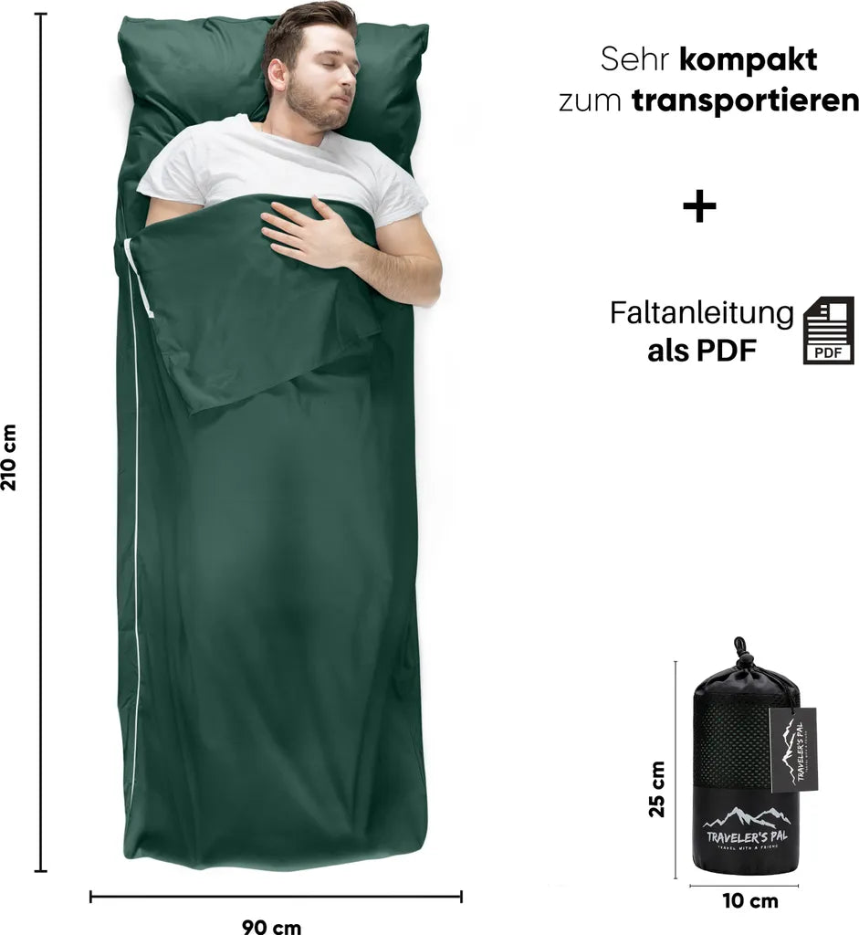 Traveler's Pal Hüttenschlafsack Aus 100% Baumwolle - Schlafsack Mit Reißverschluss An Seite Und Fußende - Leichter Und Dünner Inlett Sommerschlafsack Atmungsaktiv Und Hautfreundlich Patinagrün