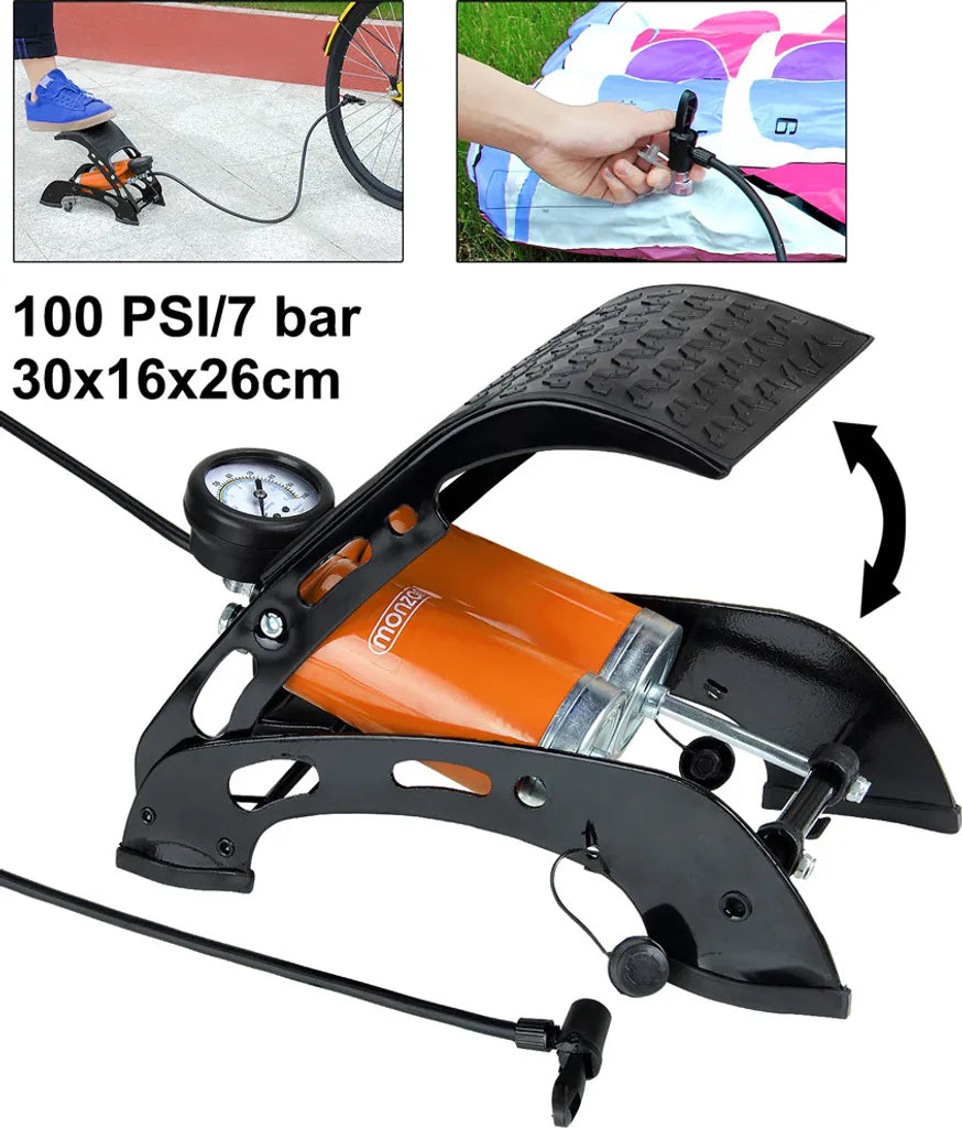 Monzana Fußluftpumpe Doppelzylinder 7 Bar 80cm Schlauch Inkl. Adapterset Luftpumpe Doppelzylinder Fahrrad Reifen KFZ Auto Luftmatratze, Model:2 X 125mm Zylinder