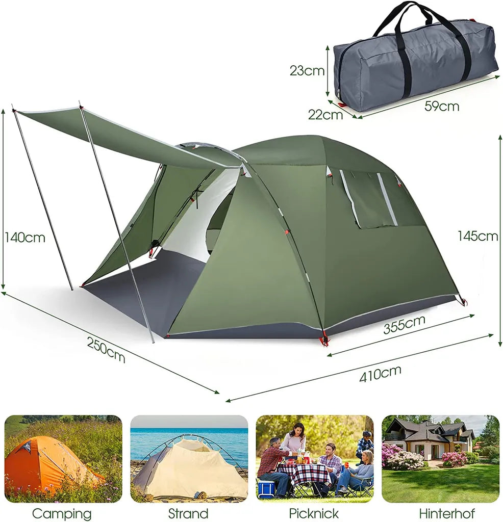 COSTWAY 4 Personen Campingzelt Mit Vordach, Doppelschicht Und Fenster, Kuppelzelt Winddicht, Camping Tent Wurfzelt Für 4 Erwachsene & 2 Kinder