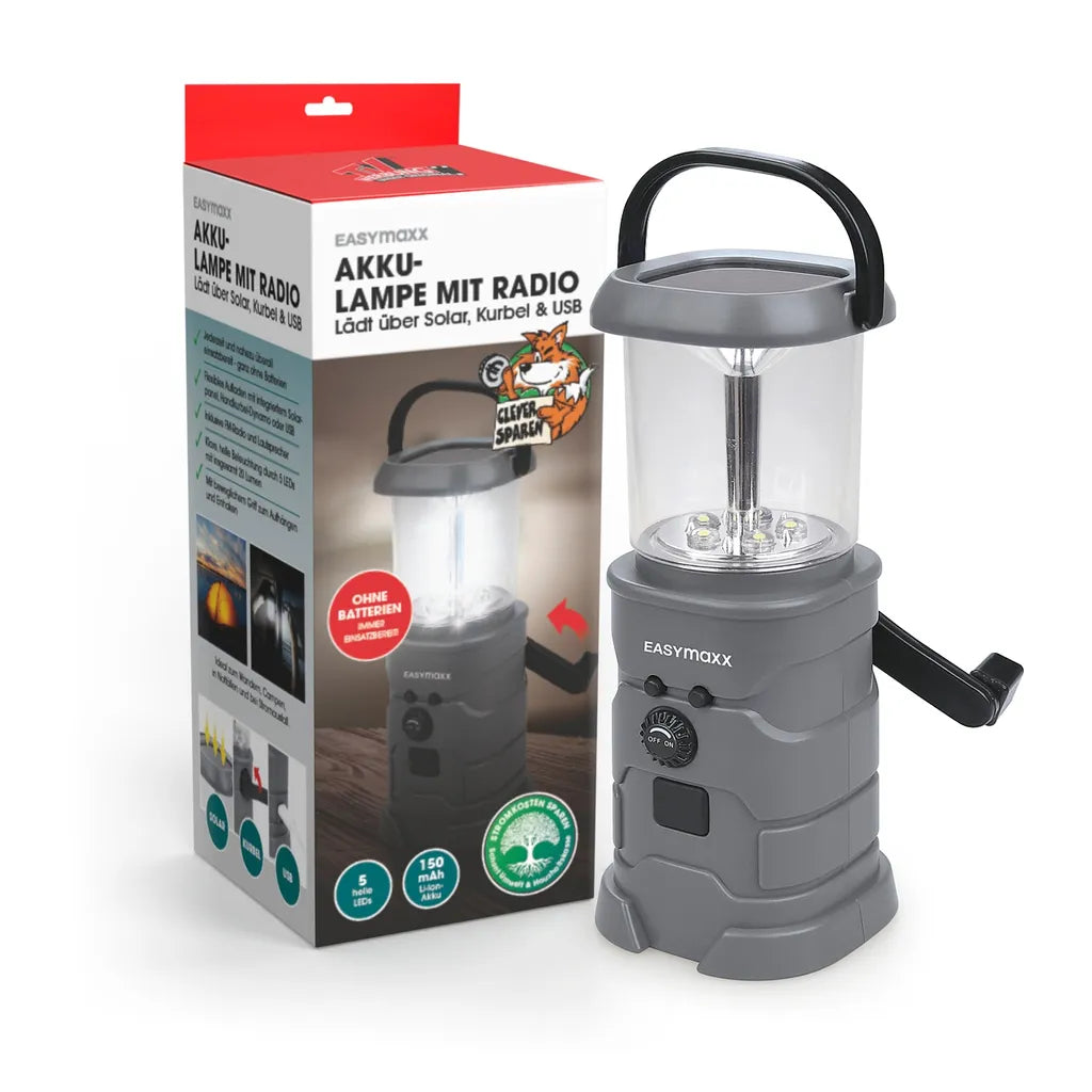 EASYmaxx Akku-Lampe Mit Radio - Lädt über Solar, Kurbel Und USB