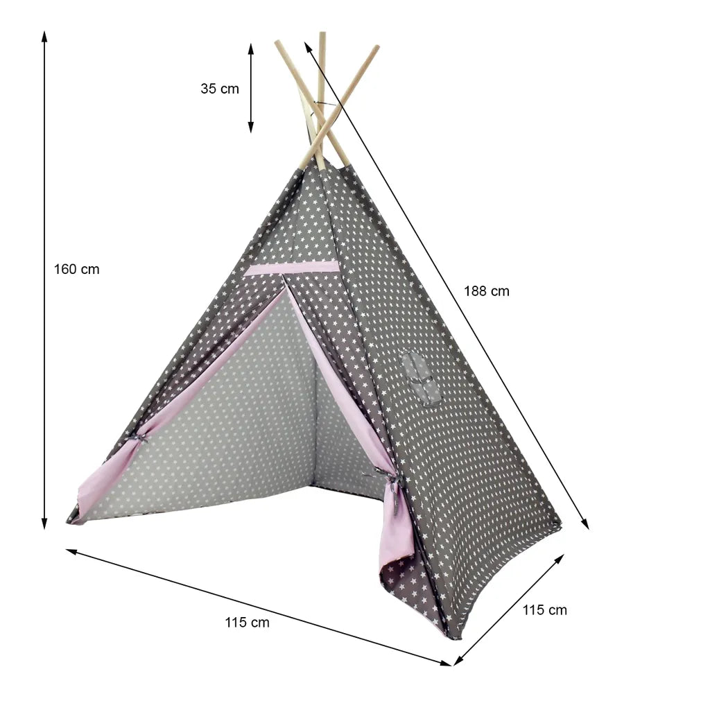 ECD Germany Spielzelt Für Kinder Mit Fenster, 115x115x160 Cm, Grau Mit Rosa Sternen, Aus Polyester - Drinnen Draußen - Kinderzelt Babyzelt Zelt Spielhaus Spielzeug Geschenkidee