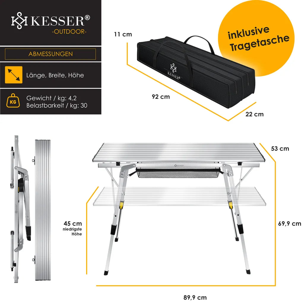 KESSER® Campingtisch Faltbar Klapptisch Camping Tisch Mit Aluminiumrahmen Aufrollbare Tischplatte Falttisch Klappbar Mit Höhenverstellung Inkl. Tragetasche Mit Trageband 90 X 53cm - Bis 30 Kg, Farbe:Silber