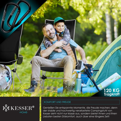  KESSER® Campingstuhl Faltbar Klappbar Mit Hoher Rückenlehne Tragbar Angel Stuhl Camping Stuhl Faltstuhl Bis 120 Kg Strandstuhl Angelstuhl Klapphocker Mit Getränkehalter , Outdoor Stuhl, Farbe:Schwarz / Grau