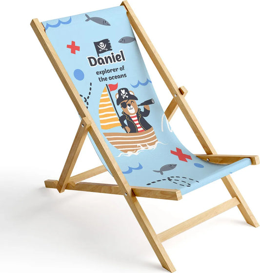  Kinder Holz-Liegestuhl Personalisierbar Klappbar Klappliegestuhl Sonnenliege Strandstuhl Wechselbezug Motiv Pirate Bär [119]