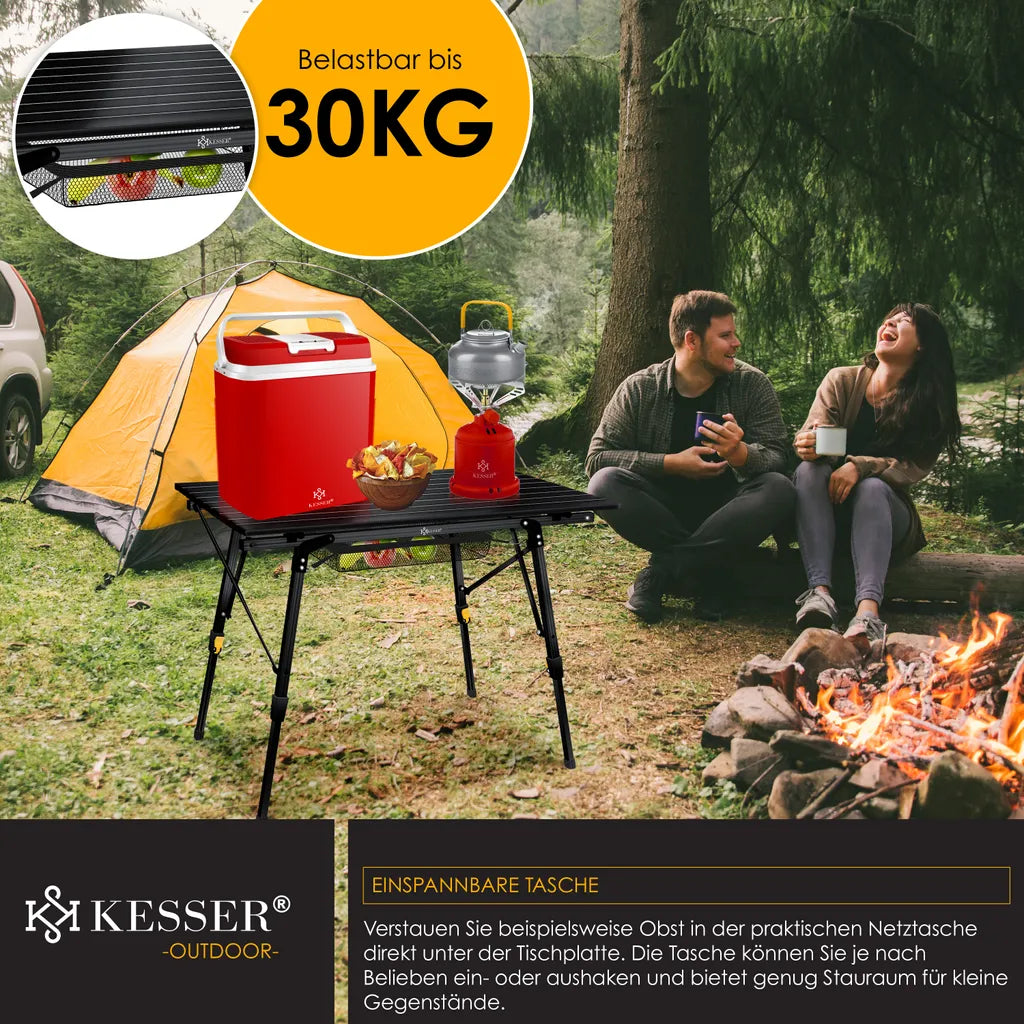  KESSER® Campingtisch Faltbar Klapptisch Camping Tisch Mit Aluminiumrahmen Aufrollbare Tischplatte Falttisch Klappbar Mit Höhenverstellung Inkl. Tragetasche Mit Trageband 90 X 53cm - Bis 30 Kg, Farbe:Schwarz