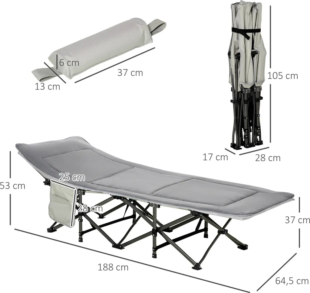  Outsunny Campingbett Klappbar Feldbett Klappbett Mit Kopfkissen Seitentasche Matratze Gästebett Bis 150 Kg Belastbar Reisen Outdoor Oxford Hellgrau 188 X 64,5 X 53 Cm