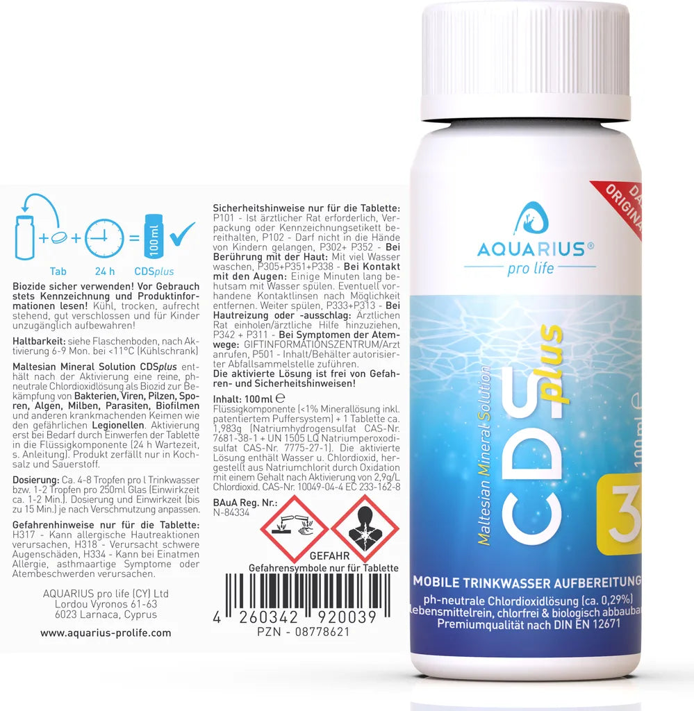 AQUARIUS Pro Life ® - CDSplus 100 Ml - Patentierte Chlordioxid Lösung I CDL Tropfen I Chlorine Dioxide Solution I Auf Wunsch Aktivierbar I Das Original