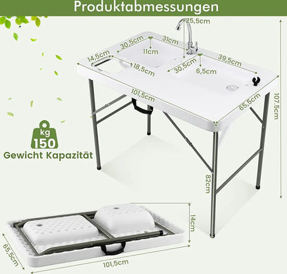  COSTWAY Fischreinigungstisch, Klappbarer Filetiertisch Mit 2 Eingebauten Spülen, Um 360° Drehbarem Wasserhahn & Messskala, Tragbarer Campingtisch Für Camping, Angeln, Grillen