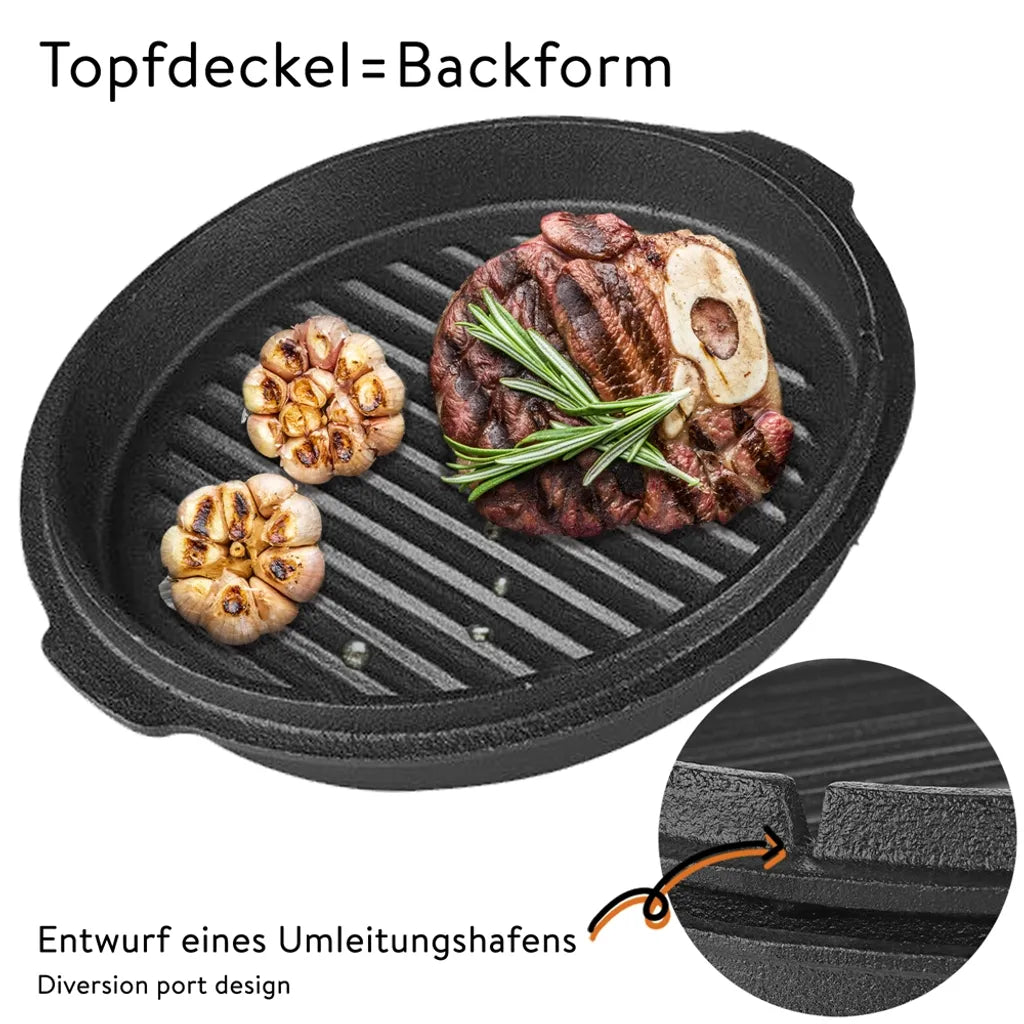 Mucola Gusseisen Feuertopf Gusstopf Inkl. Deckelgriff 2in1 Kochtopf & Pfanne 4,2L Dutch Oven Potjie Camping Kochgeschirr