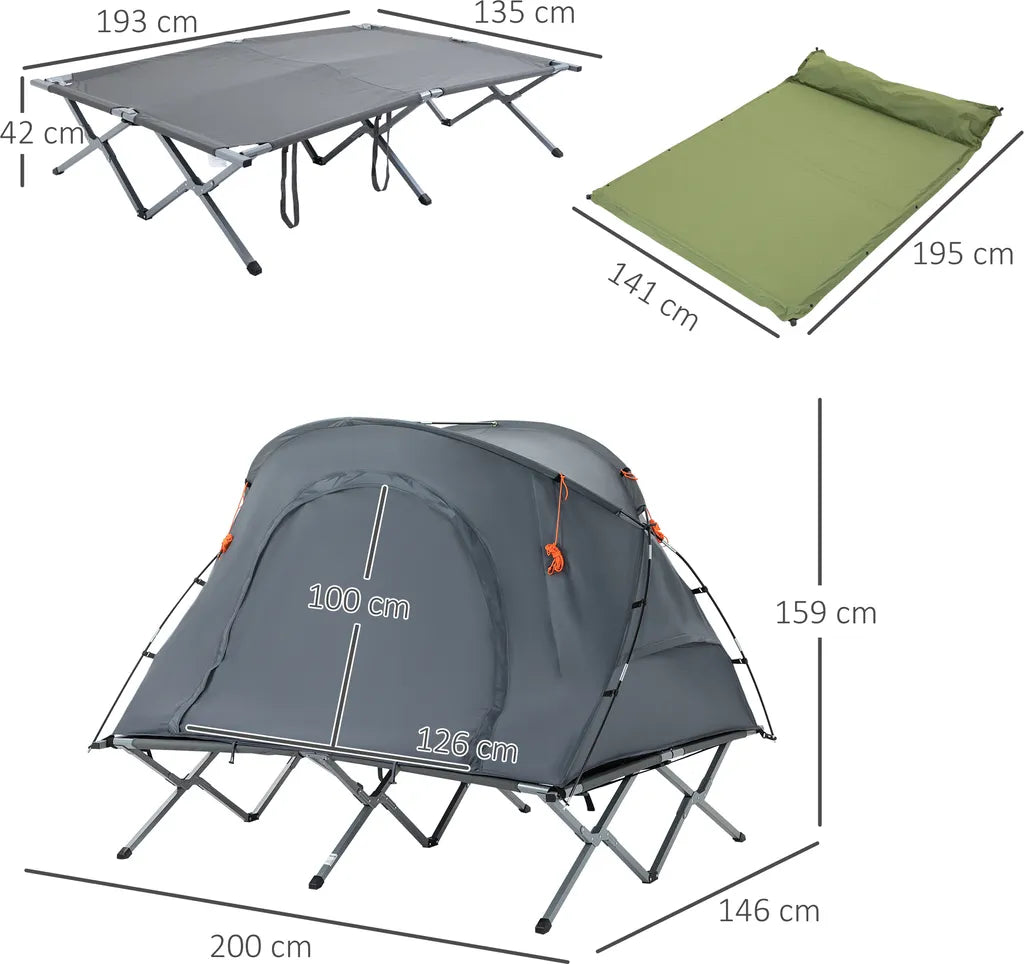 Outsunny Campingbett Mit Zelt Erhöhtes Feldbett Für 2 Person Kuppelzelt Mit Luftmatratze Inkl. Tragetasche Grau 200 X 146 X 159 Cm