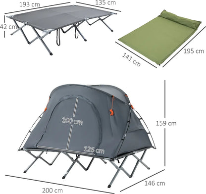  Outsunny Campingbett Mit Zelt Erhöhtes Feldbett Für 2 Person Kuppelzelt Mit Luftmatratze Inkl. Tragetasche Grau 200 X 146 X 159 Cm