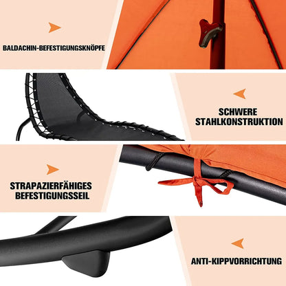  COSTWAY Hängeliege Schwebeliege Mit Sonnenschirm Und Auflage, Sonnenliege Relaxliege Bis 150kg Belastbar, Schaukelliege Für Balkon, Pool, Garten (Orange)