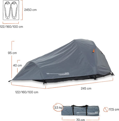  Where Tomorrow 2-Personen-Kompakt-Zelt - Pop Up Wurfzelt Trekkingzelt - 245x160x95 Cm - Grau