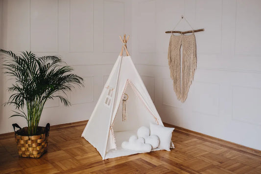  Boho Kinder Spielzelt Wigwam Creme Weiß Bodenmatte Pompons 3 Kissen 110x110x150cm Tipi Teepee