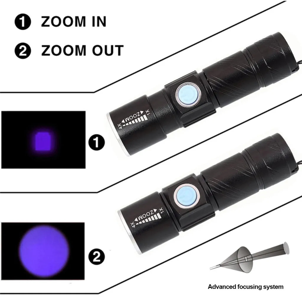  UV Taschenlampe Ultraviolette Lampenjagd 395nm Torch 4 Modi Blacklight Taschenlampen