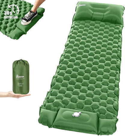  Relefree Isomatte Camping Selbstaufblasend Mit Fußpresse Kleines Packmaß Ultraleicht - Camping Luftmatratze Wasserdicht Mit Kissen , Mehrweg，Tannengrün