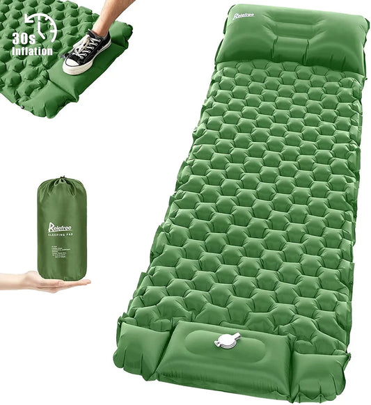 Relefree Isomatte Camping Selbstaufblasend Mit Fußpresse Kleines Packmaß Ultraleicht - Camping Luftmatratze Wasserdicht Mit Kissen , Mehrweg，Tannengrün