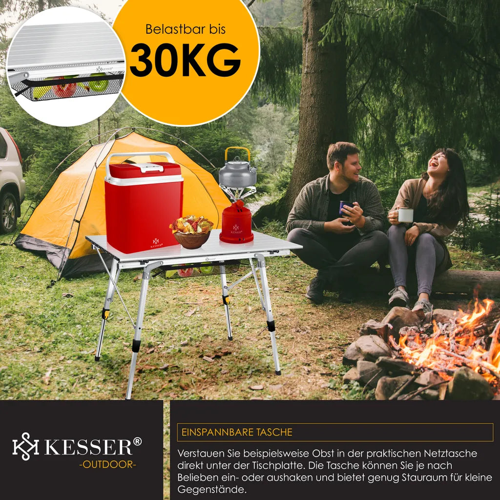  KESSER® Campingtisch Faltbar Klapptisch Camping Tisch Mit Aluminiumrahmen Aufrollbare Tischplatte Falttisch Klappbar Mit Höhenverstellung Inkl. Tragetasche Mit Trageband 90 X 53cm - Bis 30 Kg, Farbe:Silber