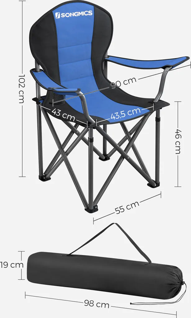  SONGMICS Campingstuhl, Klappbar, Klappstuhl, Komfortabler Mit Schaumstoff Gepolsterter Sitz, Mit Flaschenhalter, Hoch Belastbar, Max. Belastbarkeit 250 Kg, Outdoor Stuhl, Blau GCB06BU