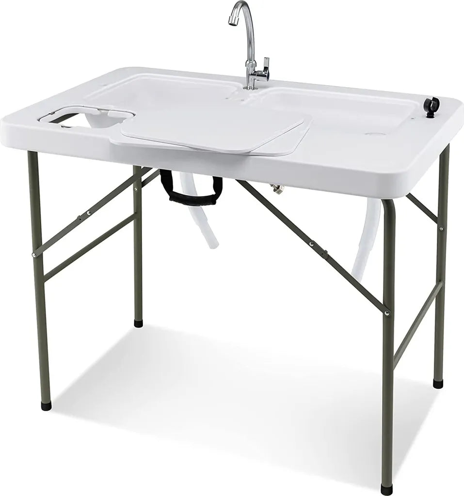  COSTWAY Fischreinigungstisch, Klappbarer Filetiertisch Mit 2 Eingebauten Spülen, Um 360° Drehbarem Wasserhahn & Messskala, Tragbarer Campingtisch Für Camping, Angeln, Grillen