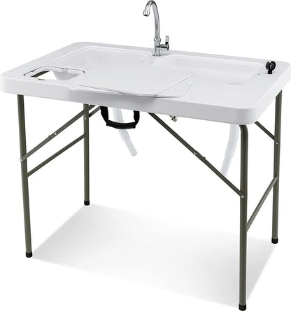  COSTWAY Fischreinigungstisch, Klappbarer Filetiertisch Mit 2 Eingebauten Spülen, Um 360° Drehbarem Wasserhahn & Messskala, Tragbarer Campingtisch Für Camping, Angeln, Grillen
