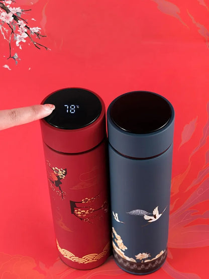  Fine Asianliving Insulated Water Bottle Stainless Steel 500ml Smart LED Temperature Touch Screen Red Cranes