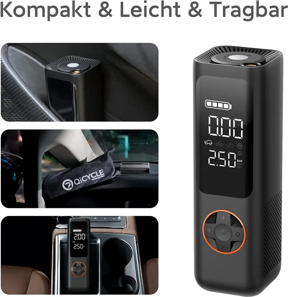  QiCYCLE Elektrische Luftpumpe, Tragbarer Luftkompressor Mit LED-Licht, Hochpräziser Digitaler Akku-Kompressor Reifenfüller Für Auto, Motorräder, Fahrräder, Bälle