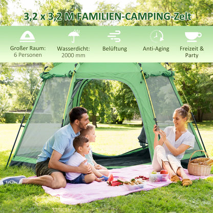  Outsunny Camping Zelt 6 Personen Zelt Familienzelt Kuppelzelt PU2000mm Einfache Einrichtung Für Familien Trekking Festival Stahl Glasfaser Grün 320 X 320 X 180 Cm