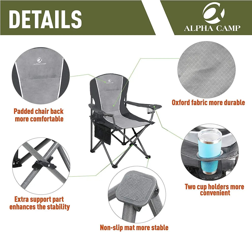  ALPHA CAMP Campingstuhl Faltbar Klappstuhl Gepolstert Mit Getränkehaltern Angelstuhl Mit Armlehnen Bis 160kg Outdoorstuhl Schwarzgrau