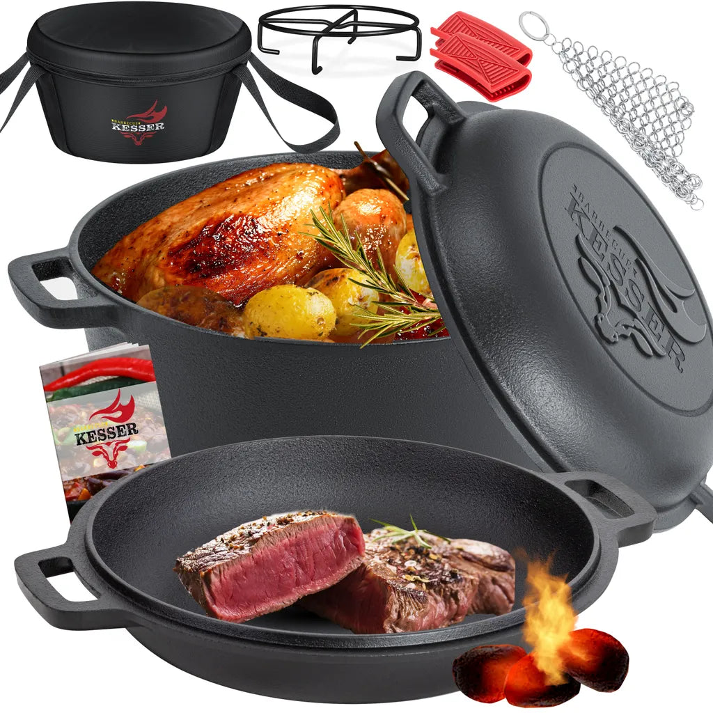 KESSER® Dutch Oven 2in1 Gusseisen Topf 4,8L Und Pfanne 1,8L Einsatzfertig Eingebrannt Inkl. Kochbuch Schmortopf Doppelfunktion Deckel/Bratpfanne Für Küche Camping Garten BBQ Backen Gasgrill, Farbe:Schwarz