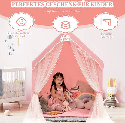  COSTWAY Großes Kinderzelt, Indoor-Spielzelt Mit Gepolsterter Matte, Türvorhang, Atmungsaktive Netzfenster, Bunte Dekorative Muster, Geschenk Für Kinder Ab 1 Jahr, 121 X 105 X 137 Cm Rosa
