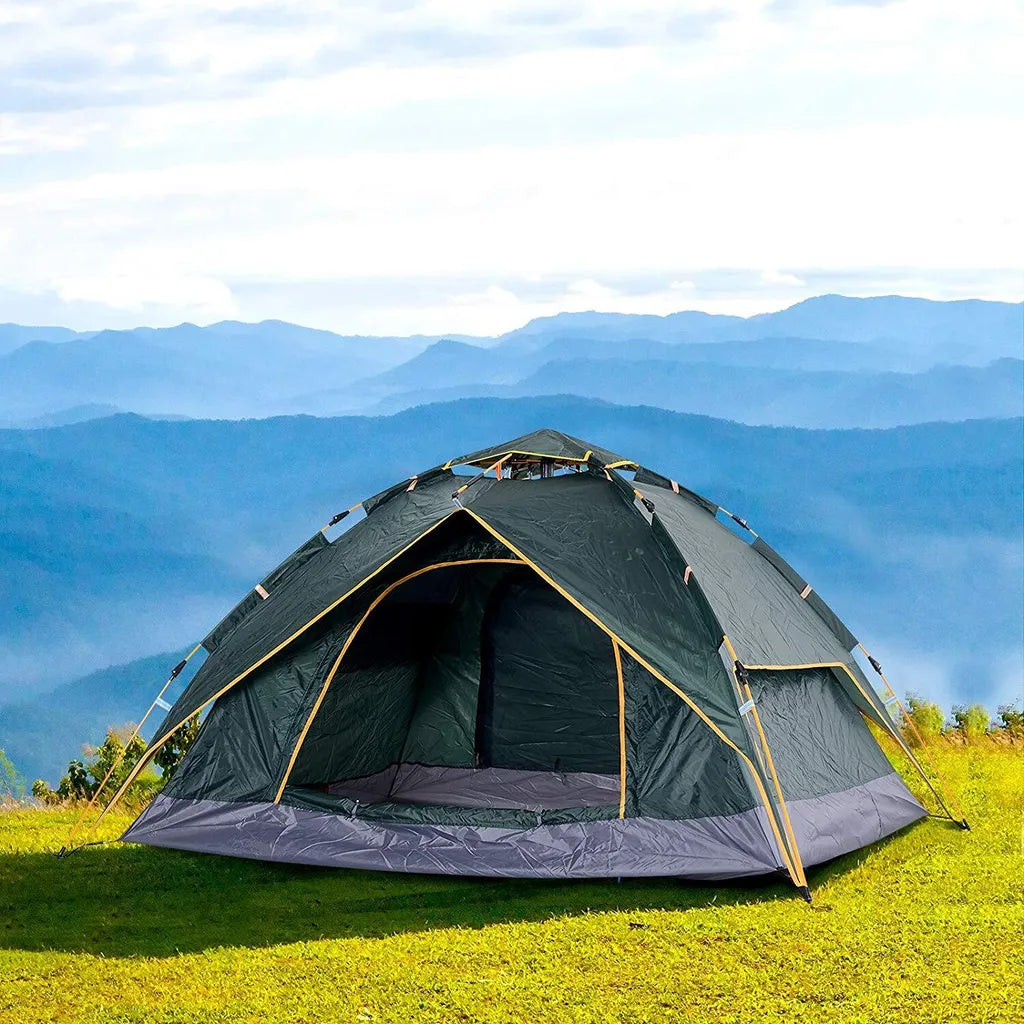  Outsunny Doppelzelt Campingzelt Outdoorzelt Familienzelt Quick-Up-Zelt 2 Erwachsene + 1 Kind 4 Jahreszeiten Wasserdicht Tragetasche 2 Türen Polyester + Glasfaser Dunkelgrün 210 X 210 X 140 Cm