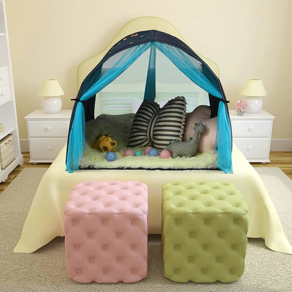  COSTWAY Prinzessin Prinzess Kinderspielhaus, Kinderzelt Mit Fenster & Tasche, Spielzelt Mit Doppeltem Vorhang, Kinderspielzelt, Kinderspielburg Für Jungen Und Märchen (Blau)