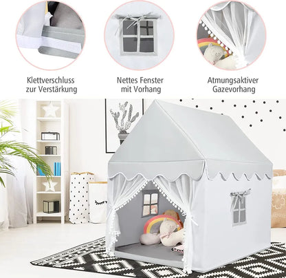  COSTWAY Kinderspielhaus Kinderzelt Spielhaus Prinzess Prinzessin, Kinderspielzelt Stoffzelt Mit Massivholzrahmen & Baumwolldecke, Kinderspielburg Für Jungen Märchen 120x105x140cm (Grau)