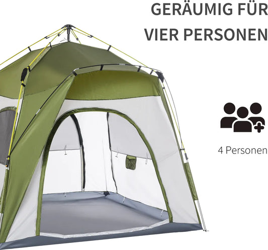  Outsunny Camping Zelt 4 Personen Zelt Familienzelt Mit Fenster 190T PU1000mm Einfache Einrichtung Für Familien Trekking Festival Aluminiumlegierung Glasfaser Grün+Grau 240 X 240 X 199 Cm
