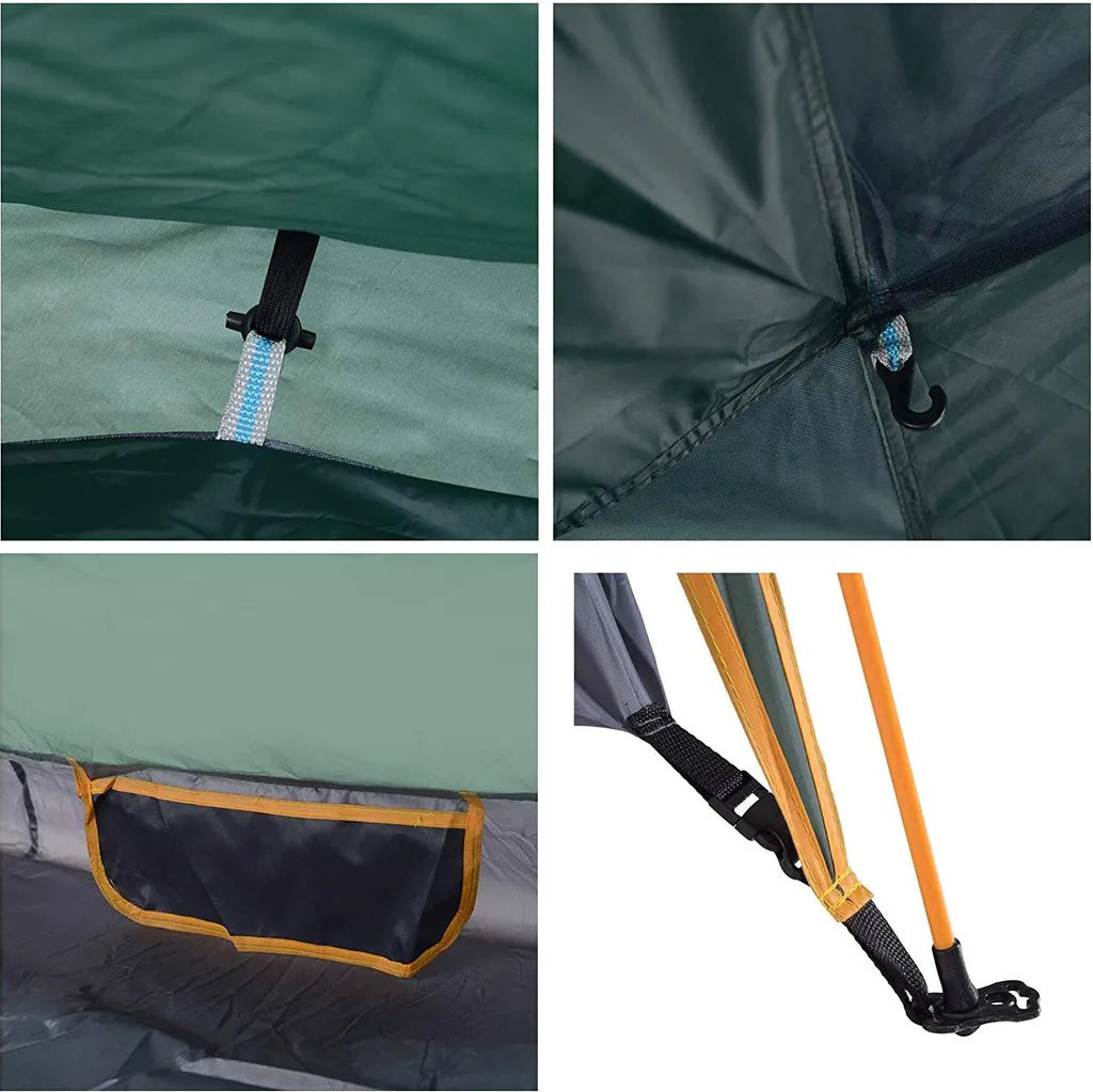  Outsunny Doppelzelt Campingzelt Outdoorzelt Familienzelt Quick-Up-Zelt 2 Erwachsene + 1 Kind 4 Jahreszeiten Wasserdicht Tragetasche 2 Türen Polyester + Glasfaser Dunkelgrün 210 X 210 X 140 Cm