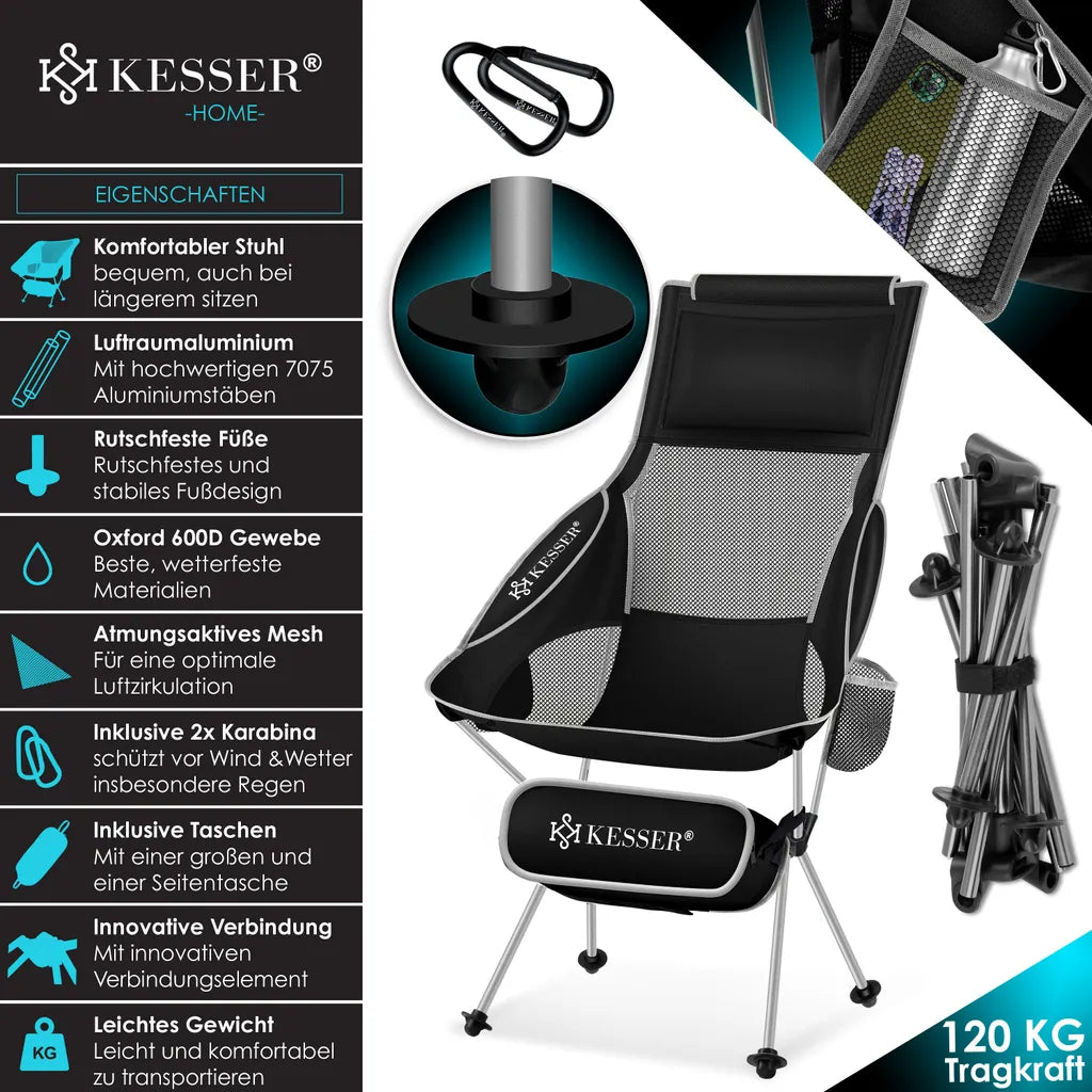  KESSER® Campingstuhl Faltbar Klappbar Mit Hoher Rückenlehne Tragbar Angelstuhl Camping Stuhl Faltstuhl Bis 120 Kg Strandstuhl Angelstuhl Klapphocker Mit Getränkehalter Outdoor Stuhl, Farbe:Schwarz / Grau