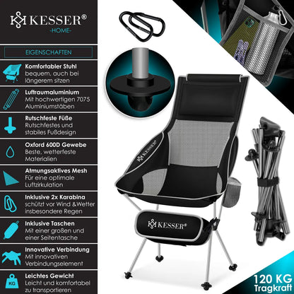  KESSER® Campingstuhl Faltbar Klappbar Mit Hoher Rückenlehne Tragbar Angelstuhl Camping Stuhl Faltstuhl Bis 120 Kg Strandstuhl Angelstuhl Klapphocker Mit Getränkehalter Outdoor Stuhl, Farbe:Schwarz / Grau