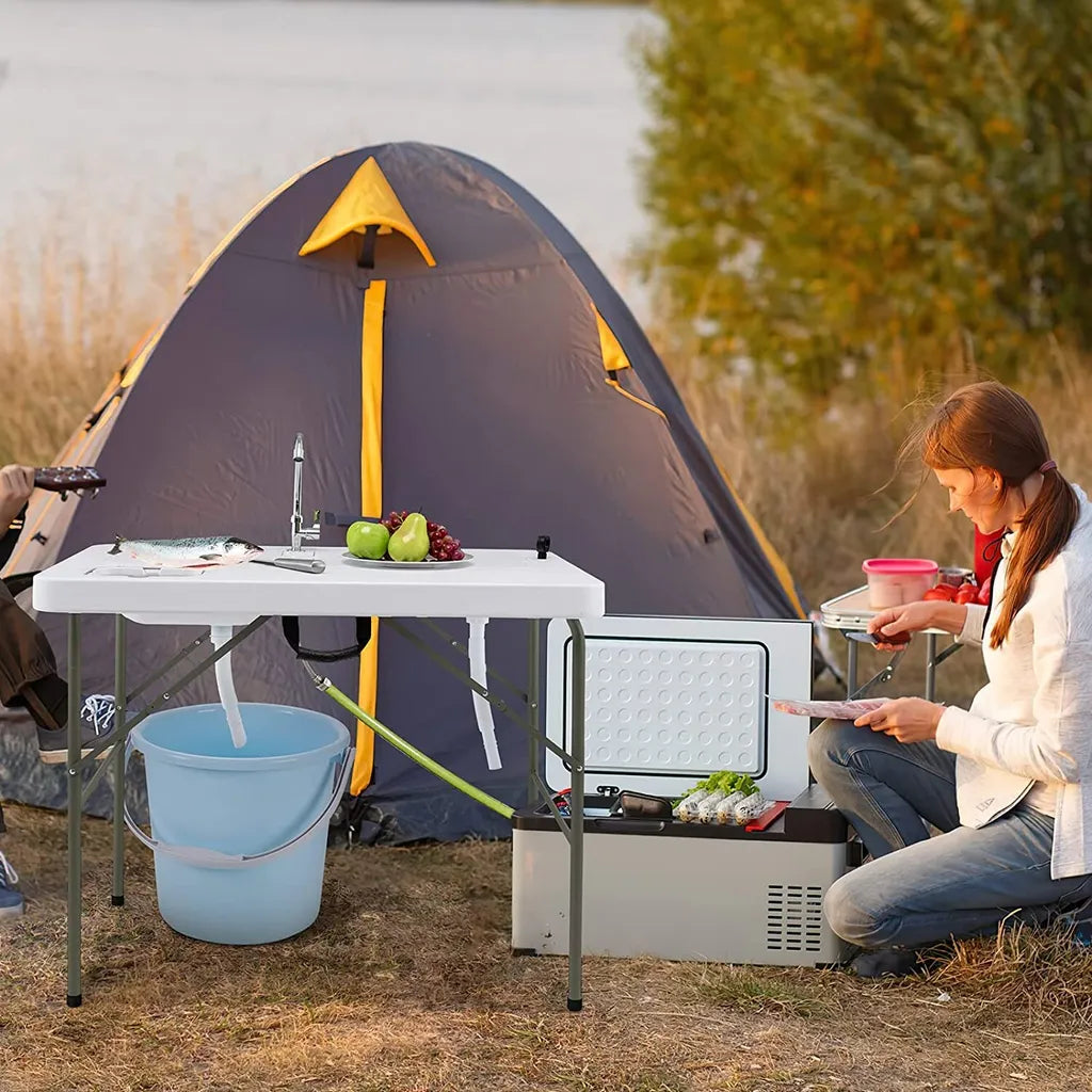  COSTWAY Fischreinigungstisch, Klappbarer Filetiertisch Mit 2 Eingebauten Spülen, Um 360° Drehbarem Wasserhahn & Messskala, Tragbarer Campingtisch Für Camping, Angeln, Grillen