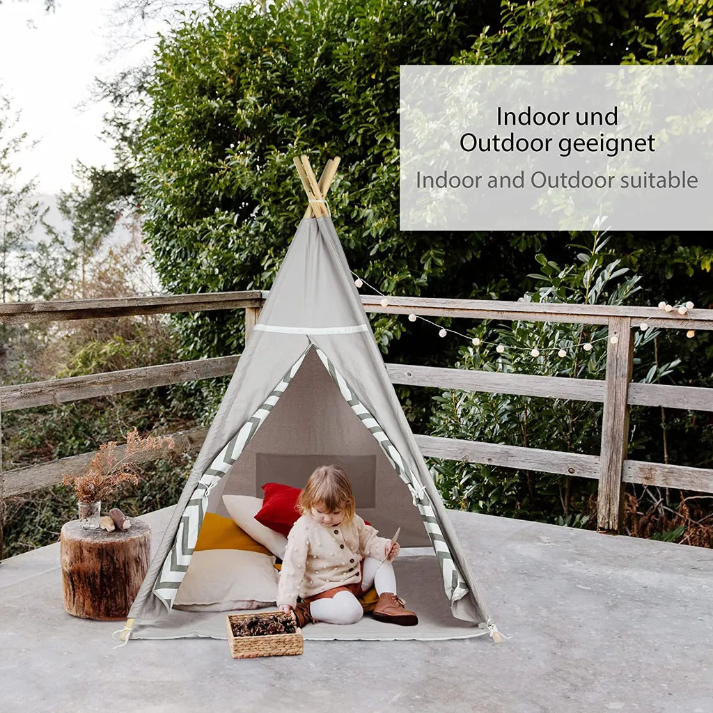  ONVAYA® Tipi Kinderzelt | Spielzelt Für Kinderzimmer & Garten | Tipi-Zelt Für Kinder | Mit Gemütlicher Bodenmatte | Indoor & Outdoor | Aus Holz & Baumwolle | Grau