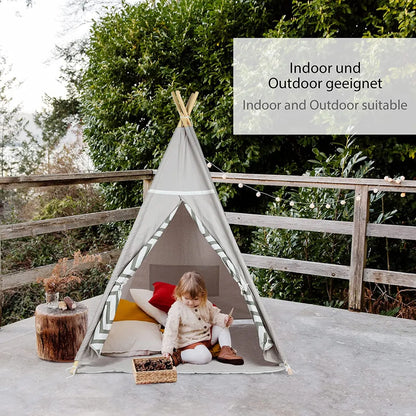  ONVAYA® Tipi Kinderzelt | Spielzelt Für Kinderzimmer & Garten | Tipi-Zelt Für Kinder | Mit Gemütlicher Bodenmatte | Indoor & Outdoor | Aus Holz & Baumwolle | Grau